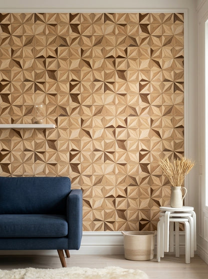 Geometrik Ahşap Görünümlü Duvar Kağıdı Bej Modern Salon