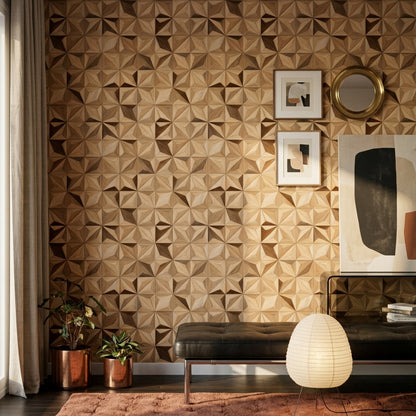 Geometrik Ahşap Görünümlü Duvar Kağıdı Bej Modern Salon