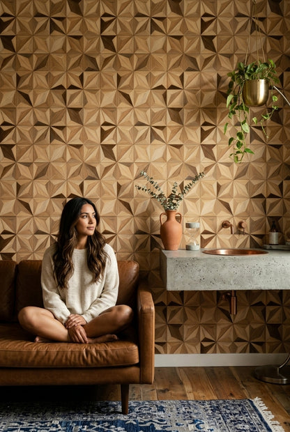 Geometrik Ahşap Görünümlü Duvar Kağıdı Bej Modern Salon