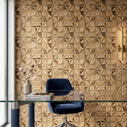 Geometrik Ahşap Görünümlü Duvar Kağıdı Bej Modern Salon