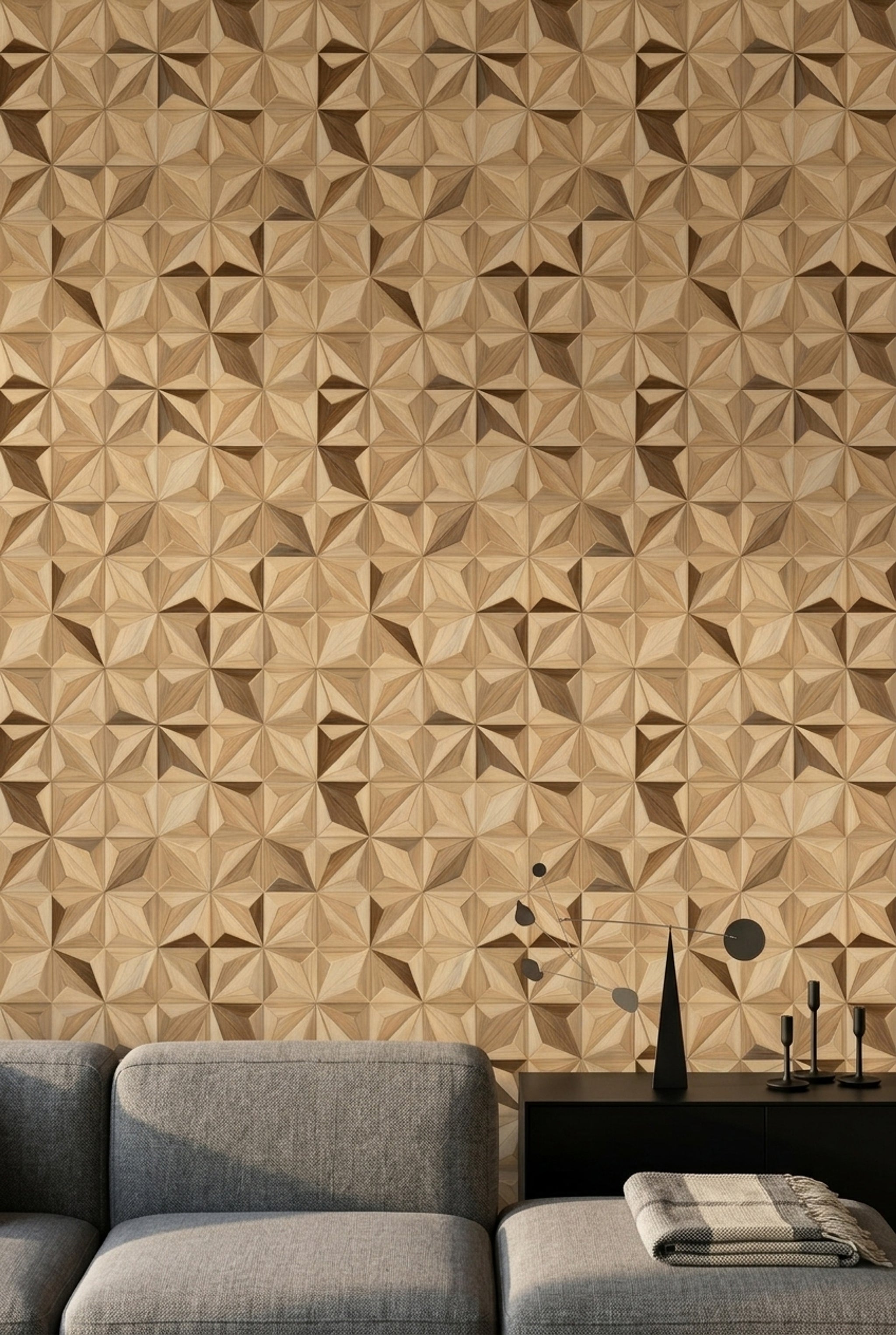 Geometrik Ahşap Görünümlü Duvar Kağıdı Bej Modern Salon