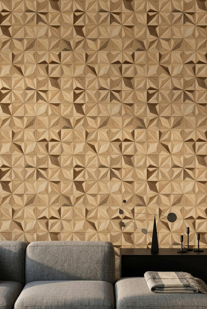 Geometrik Ahşap Görünümlü Duvar Kağıdı Bej Modern Salon