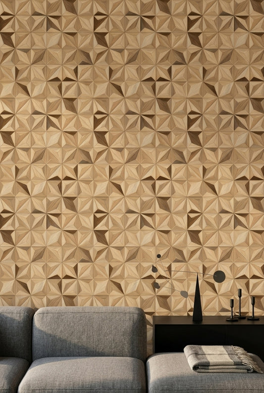Geometrik Ahşap Görünümlü Duvar Kağıdı Bej Modern Salon