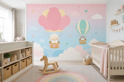 Balonlu Bulutlu Poster Duvar Kağıdı Pastel Mavi Bebek Odası