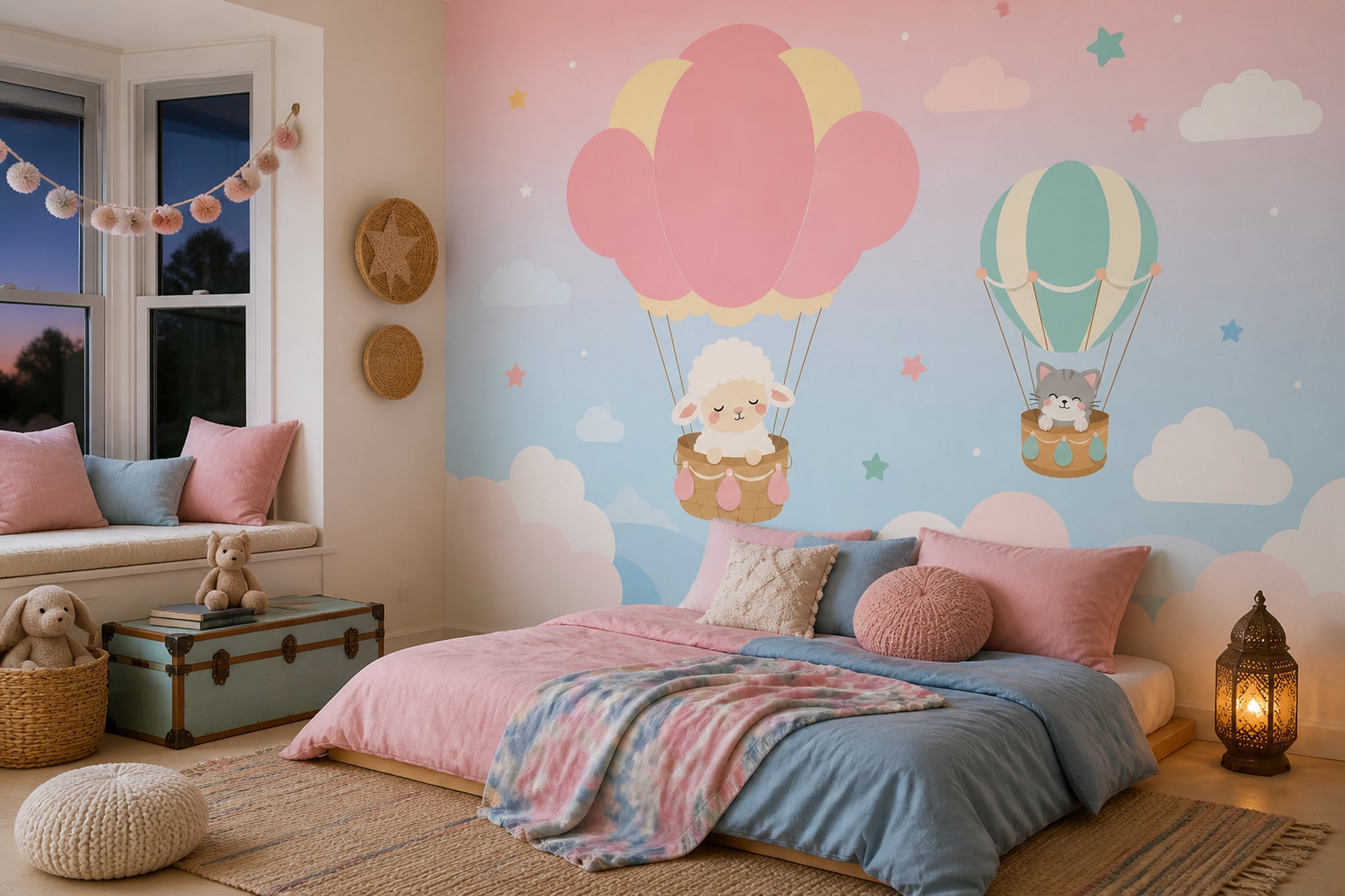 Balonlu Bulutlu Poster Duvar Kağıdı Pastel Mavi Bebek Odası