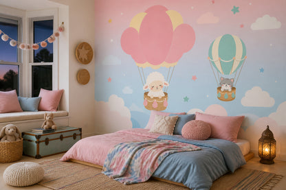 Balonlu Bulutlu Poster Duvar Kağıdı Pastel Mavi Bebek Odası