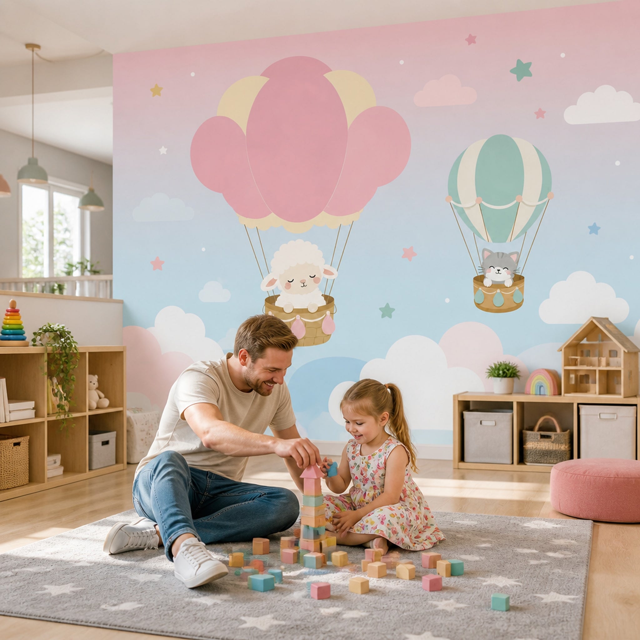 Balonlu Bulutlu Poster Duvar Kağıdı Pastel Mavi Bebek Odası