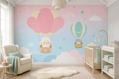 Balonlu Bulutlu Poster Duvar Kağıdı Pastel Mavi Bebek Odası