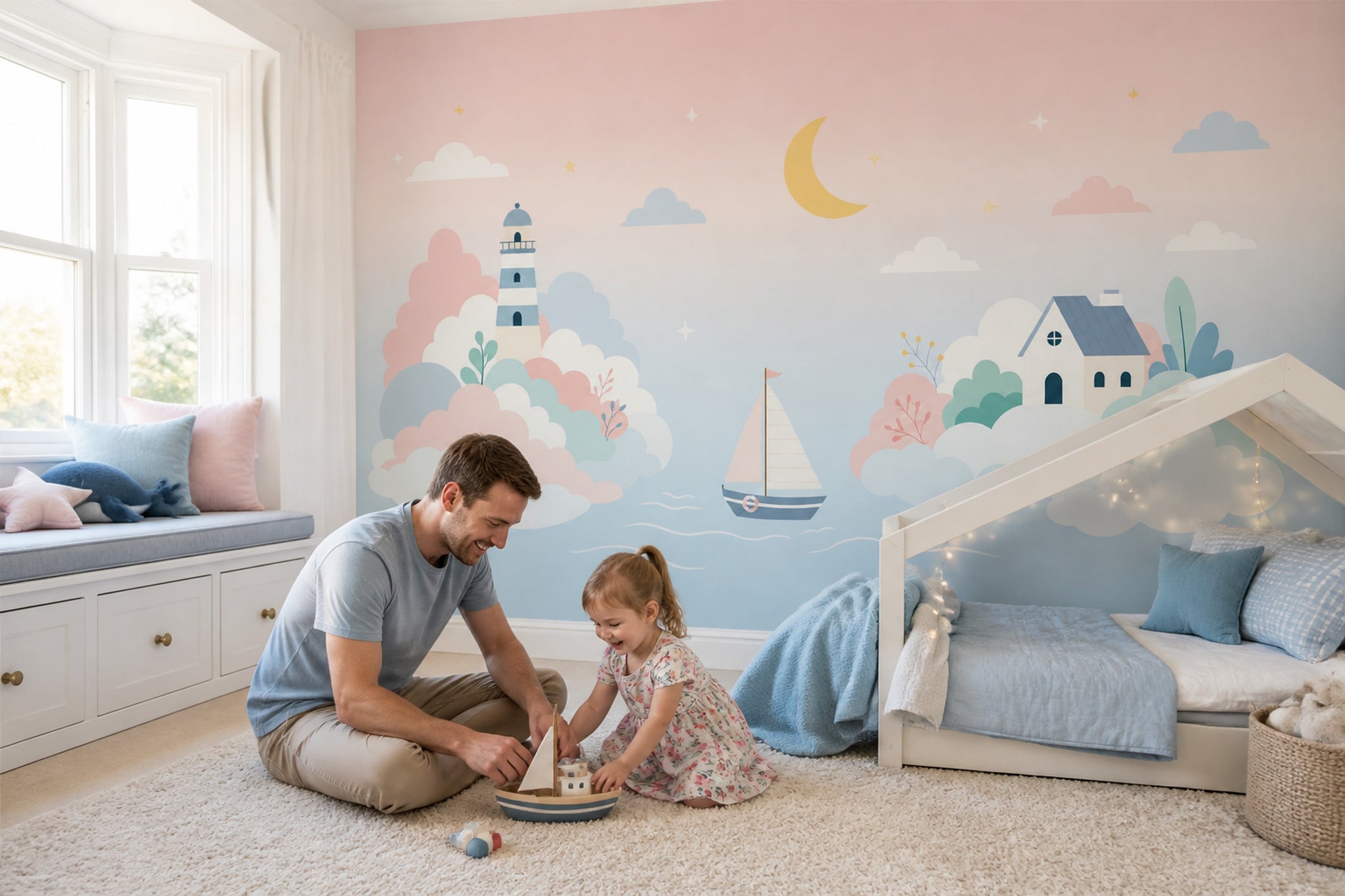 Ay Bulut Yelkenli Poster Duvar Kağıdı Pastel Bebek Odası