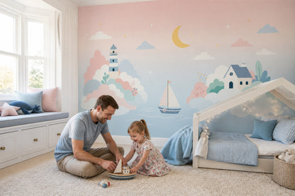 Ay Bulut Yelkenli Poster Duvar Kağıdı Pastel Bebek Odası