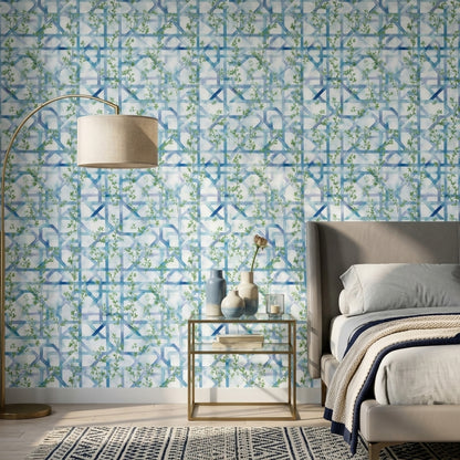 Mavi Geometrik Sarmaşık Desenli Duvar Kağıdı Modern Salon