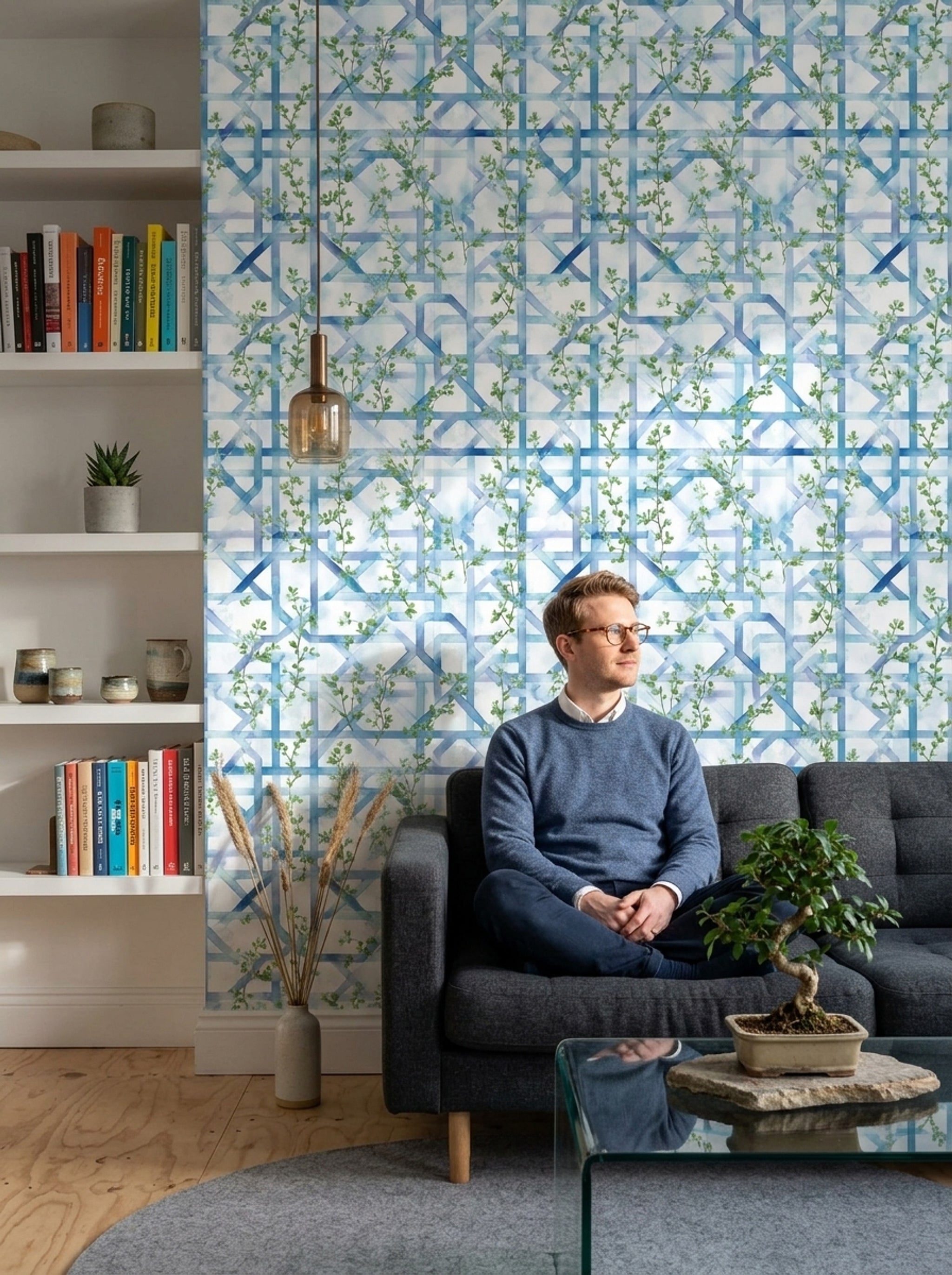 Mavi Geometrik Sarmaşık Desenli Duvar Kağıdı Modern Salon