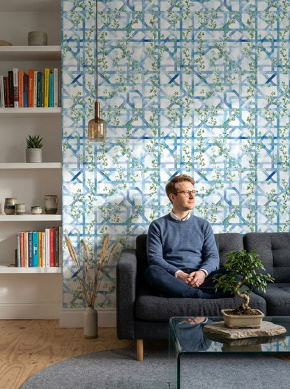 Mavi Geometrik Sarmaşık Desenli Duvar Kağıdı Modern Salon
