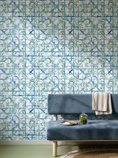 Mavi Geometrik Sarmaşık Desenli Duvar Kağıdı Modern Salon
