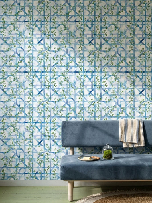 Mavi Geometrik Sarmaşık Desenli Duvar Kağıdı Modern Salon