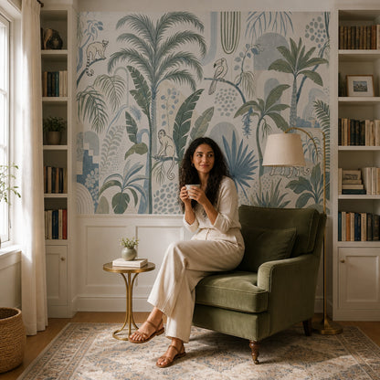 Tropikal Orman Hayvanlı Poster Duvar Kağıdı Mavi Yeşil Salon