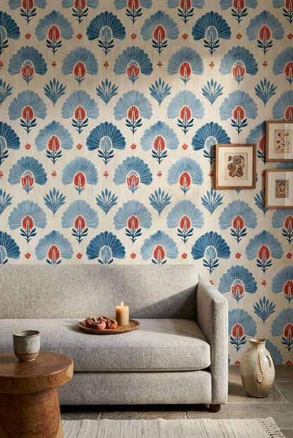 Mavi Kırmızı Stilize Çiçekli Duvar Kağıdı Retro Salon