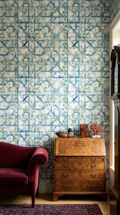 Mavi Geometrik Sarmaşık Desenli Duvar Kağıdı Modern Salon