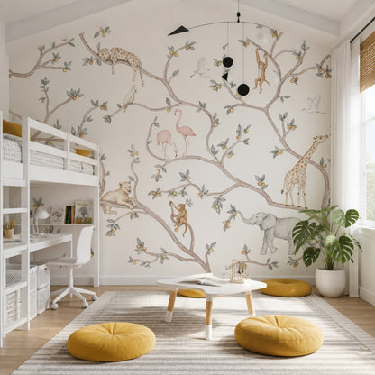Hayvanlı Ağaç Dalları Poster Duvar Kağıdı Krem Çocuk Odası