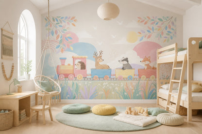 Trenli Hayvanlı Poster Duvar Kağıdı Pastel Çocuk Odası