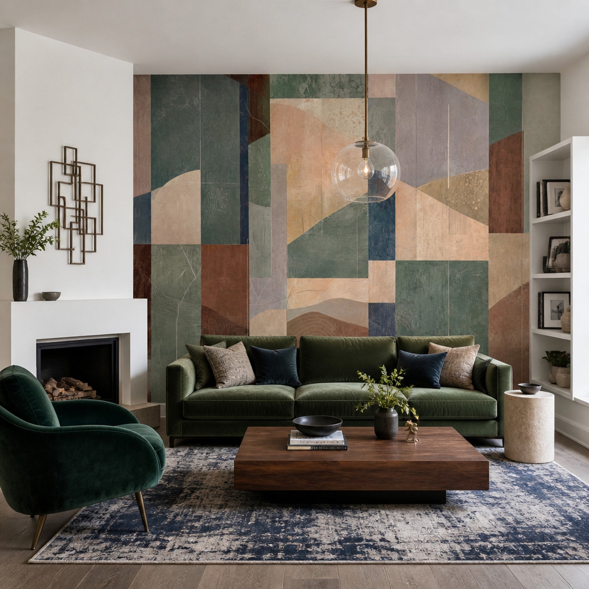 Soyut Geometrik Poster Duvar Kağıdı Yeşil Bej Salon Dekoru