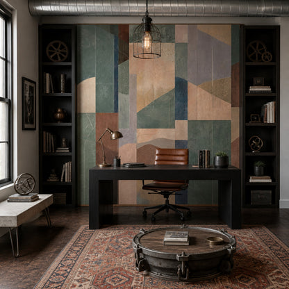 Soyut Geometrik Poster Duvar Kağıdı Yeşil Bej Salon Dekoru