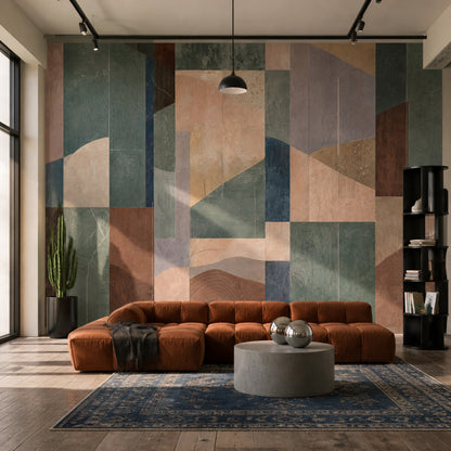 Soyut Geometrik Poster Duvar Kağıdı Yeşil Bej Salon Dekoru