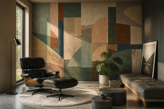 Soyut Geometrik Poster Duvar Kağıdı Yeşil Bej Salon Dekoru