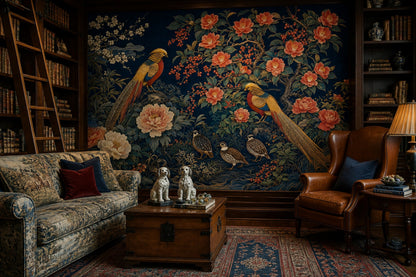 Çiçekli Kuşlu Poster Duvar Kağıdı Lacivert Vintage Salon