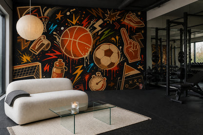 Basketbol ve Futbol Temalı Poster Duvar Kağıdı Siyah Spor Desen