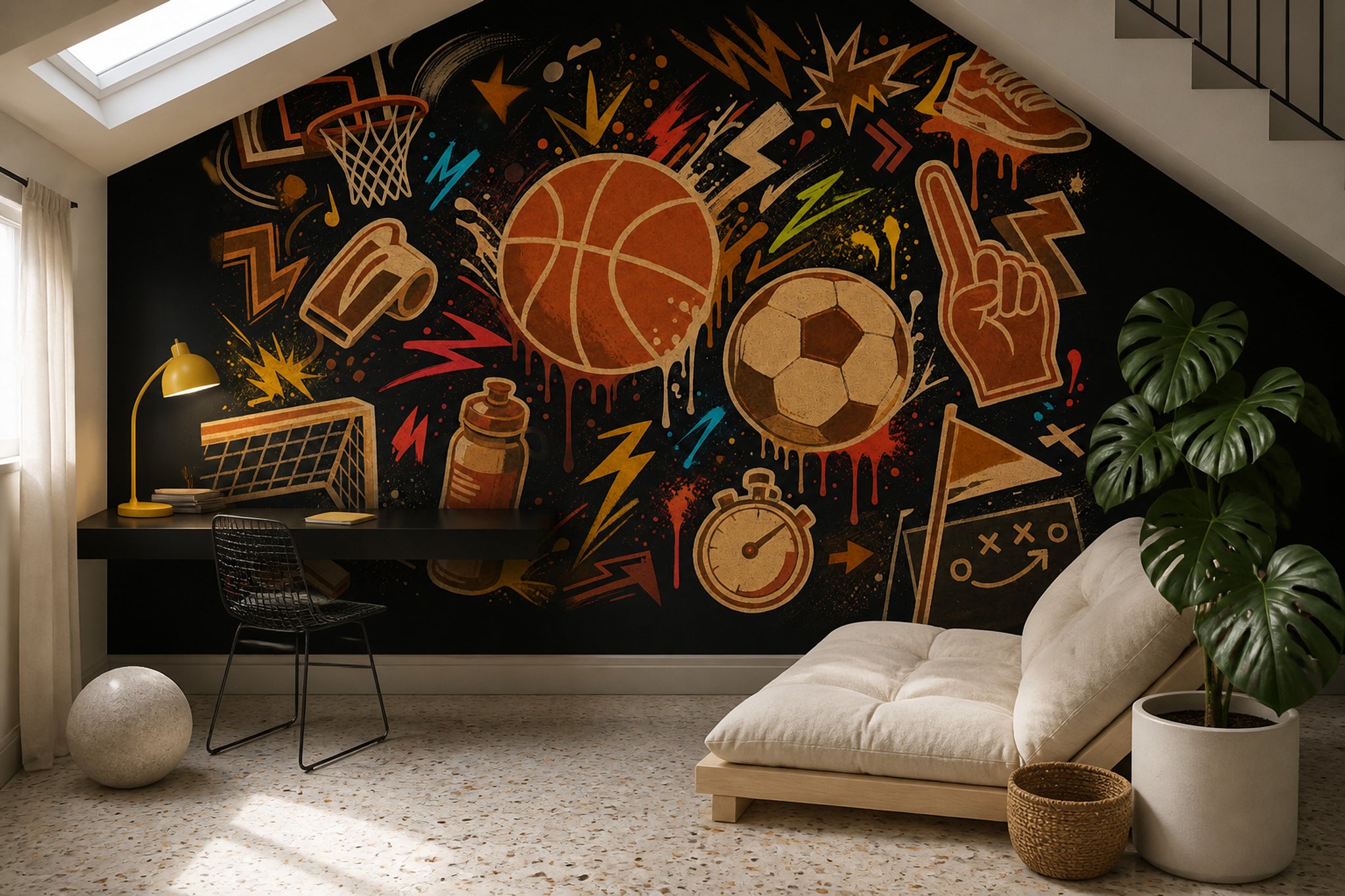 Basketbol ve Futbol Temalı Poster Duvar Kağıdı Siyah Spor Desen