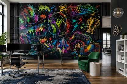 Oyun Temalı Poster Duvar Kağıdı Renkli Grafiti Genç Odası