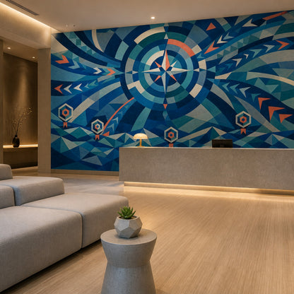 Pusula Gül Desenli Poster Duvar Kağıdı Mavi Geometrik Ofis