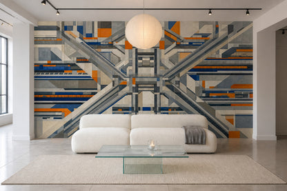Geometrik Soyut Poster Duvar Kağıdı Gri Mavi Salon Duvarı