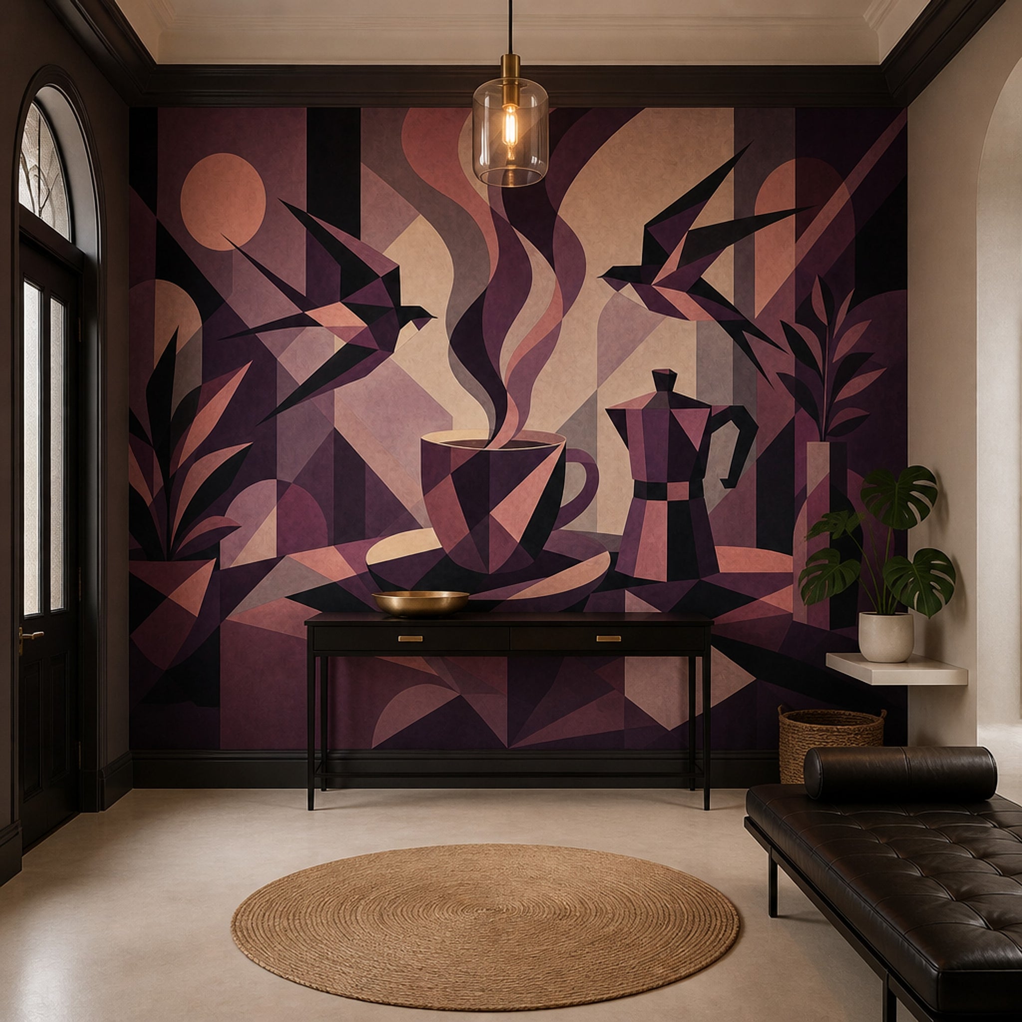 Geometrik Kahve Temalı Poster Duvar Kağıdı Mor Mutfak Dekoru