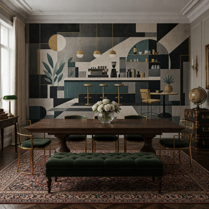 Geometrik Kafe Temalı Poster Duvar Kağıdı Yeşil Bej Salon