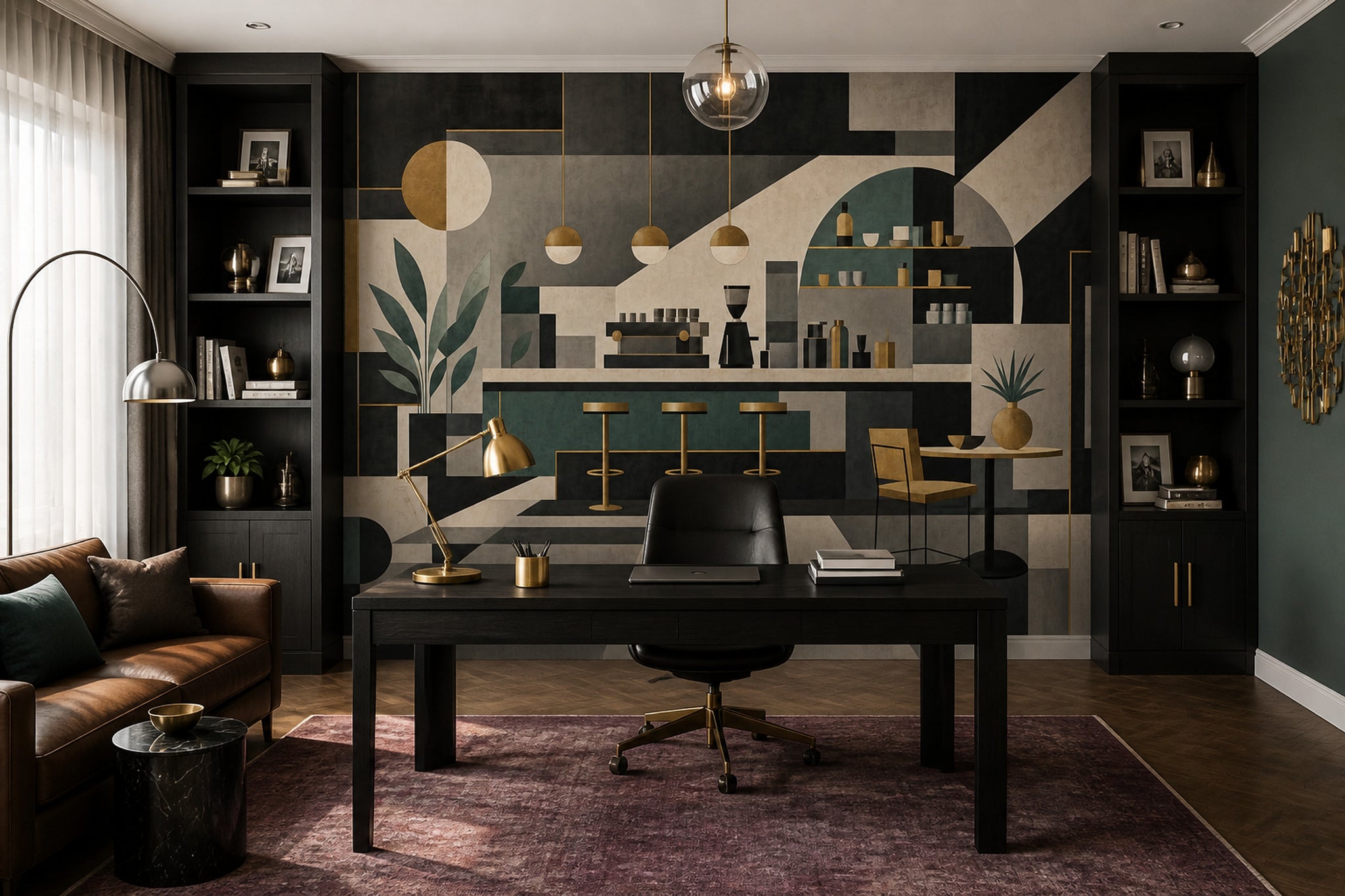 Geometrik Kafe Temalı Poster Duvar Kağıdı Yeşil Bej Salon