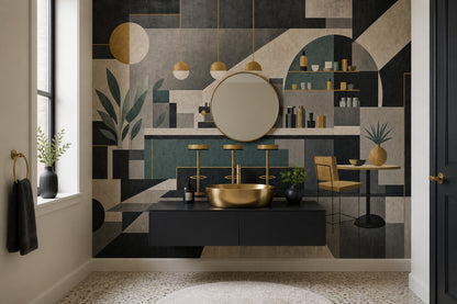 Geometrik Kafe Temalı Poster Duvar Kağıdı Yeşil Bej Salon