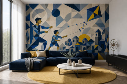 Geometrik Uçurtmalı Poster Duvar Kağıdı Lacivert Sarı Salon