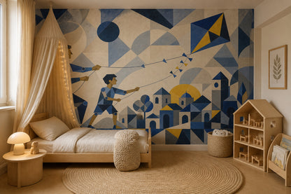Geometrik Uçurtmalı Poster Duvar Kağıdı Lacivert Sarı Salon