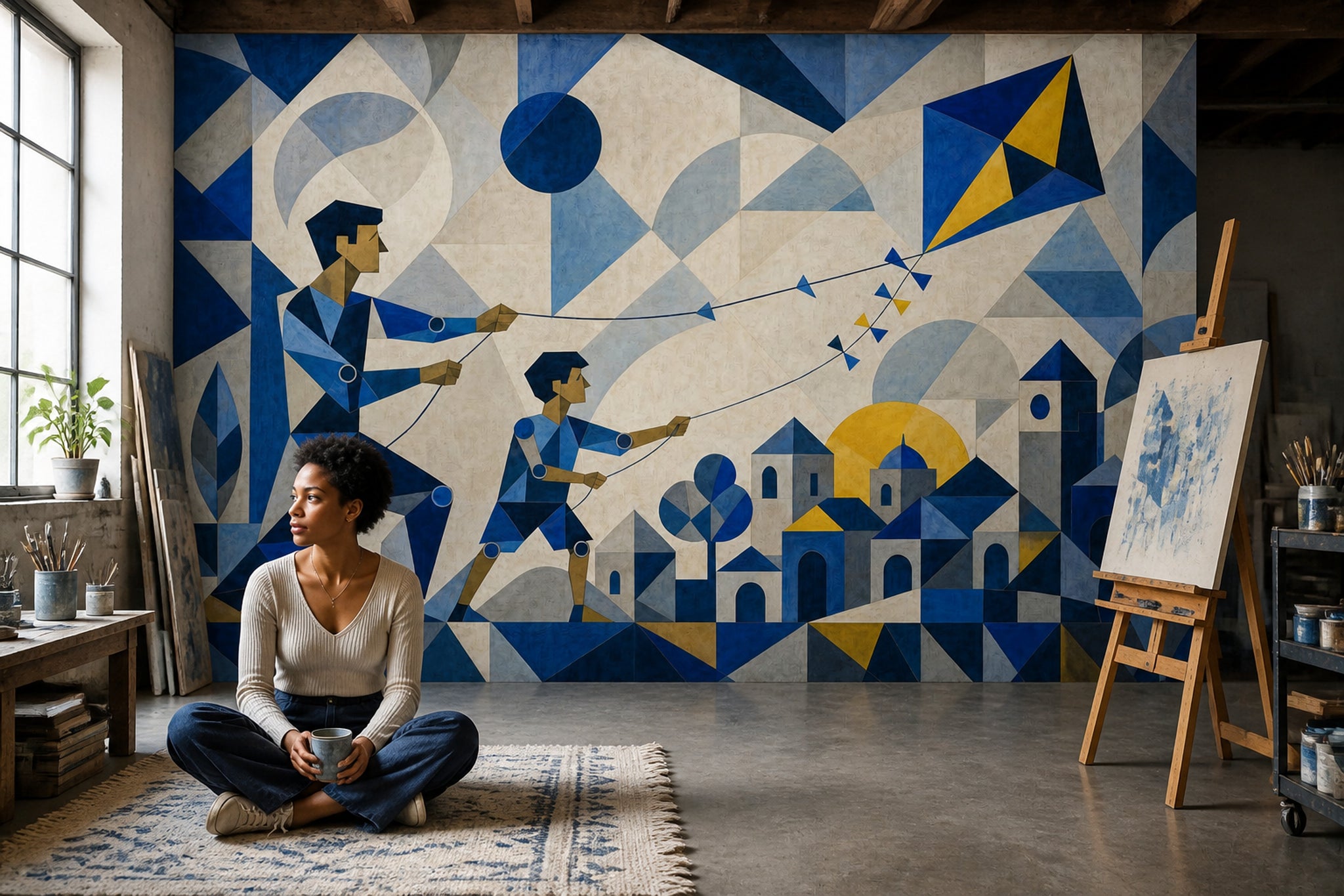 Geometrik Uçurtmalı Poster Duvar Kağıdı Lacivert Sarı Salon