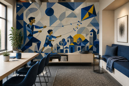 Geometrik Uçurtmalı Poster Duvar Kağıdı Lacivert Sarı Salon