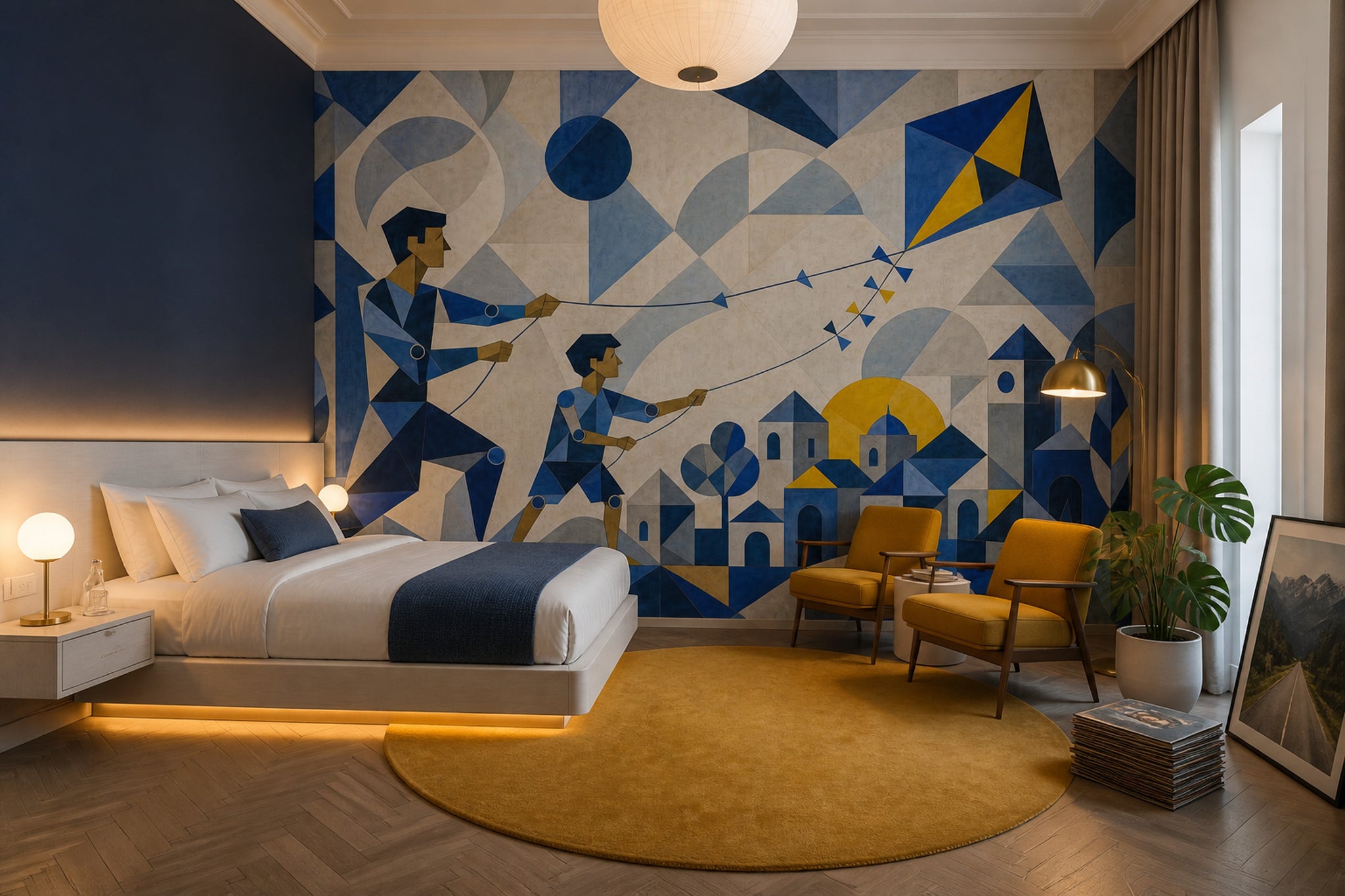 Geometrik Uçurtmalı Poster Duvar Kağıdı Lacivert Sarı Salon
