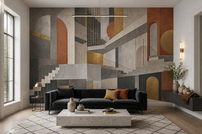 Geometrik Merdivenli Poster Duvar Kağıdı Gri Turuncu Modern Salon