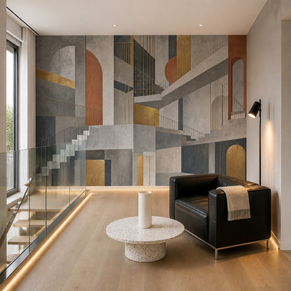 Geometrik Merdivenli Poster Duvar Kağıdı Gri Turuncu Modern Salon