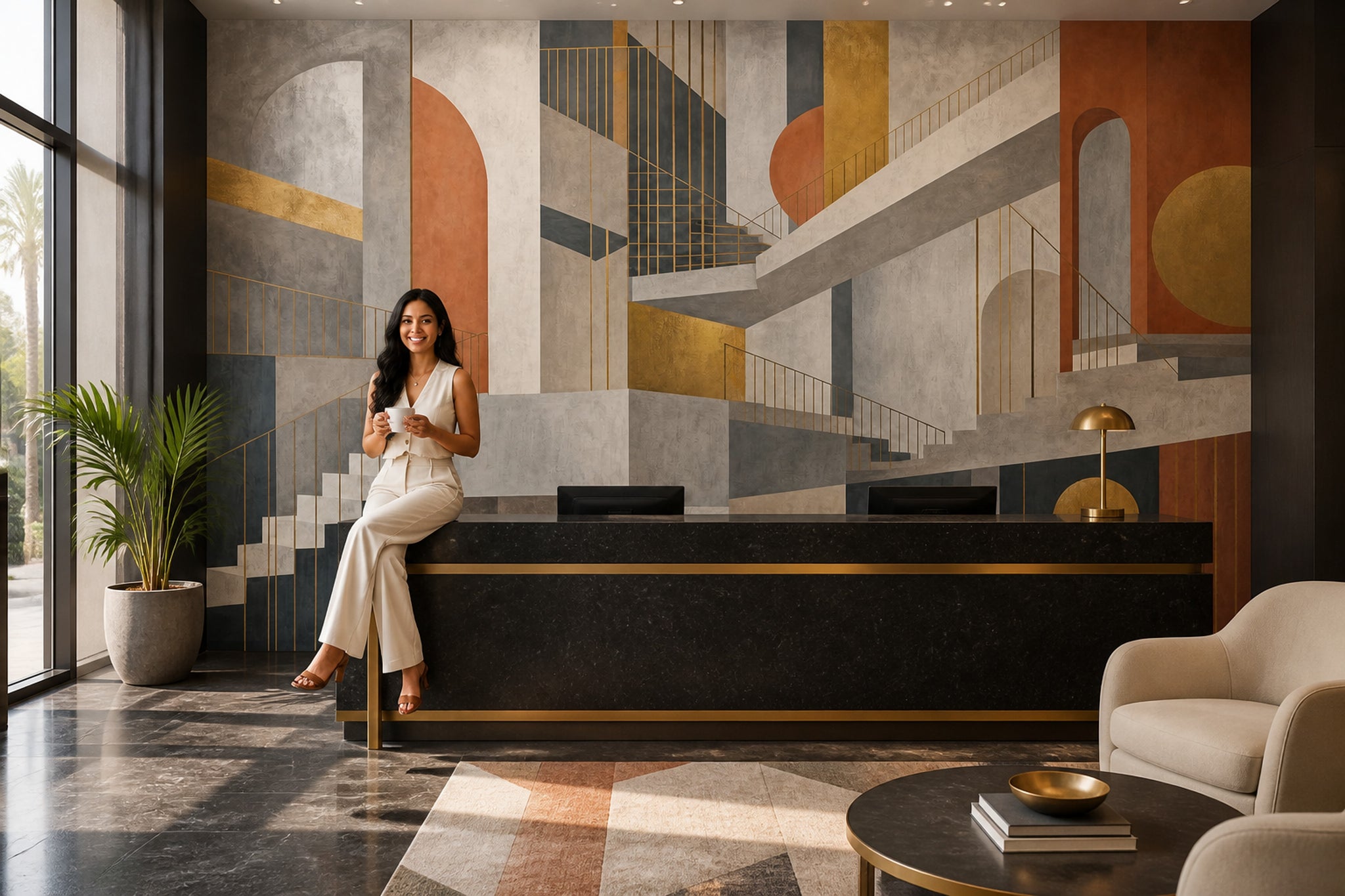 Geometrik Merdivenli Poster Duvar Kağıdı Gri Turuncu Modern Salon