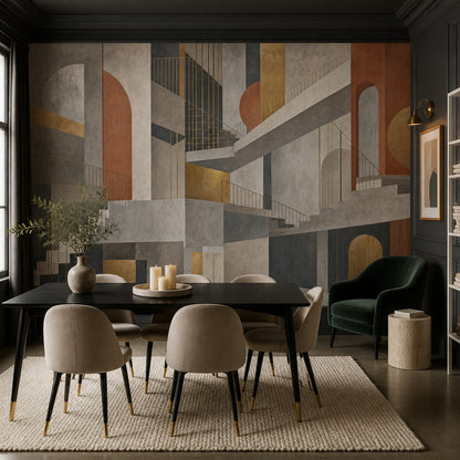 Geometrik Merdivenli Poster Duvar Kağıdı Gri Turuncu Modern Salon