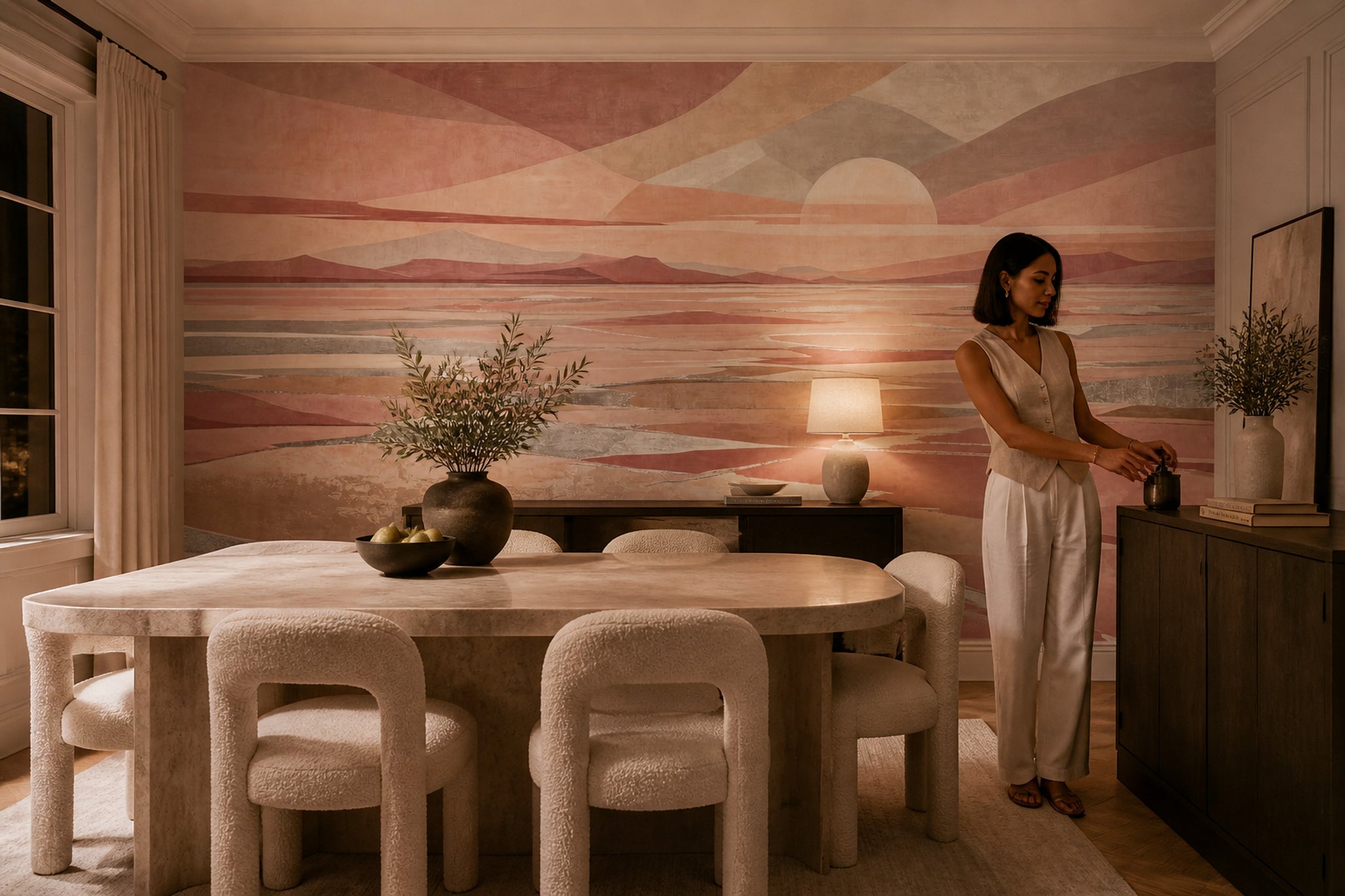 Pastel Gün Batımı Manzaralı Poster Duvar Kağıdı Pembe Salon