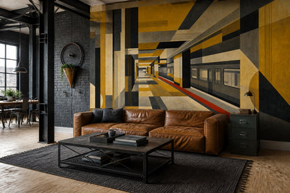 Geometrik Koridor Perspektif Poster Duvar Kağıdı Sarı Siyah Salon