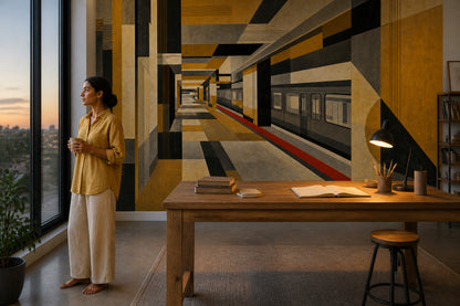 Geometrik Koridor Perspektif Poster Duvar Kağıdı Sarı Siyah Salon